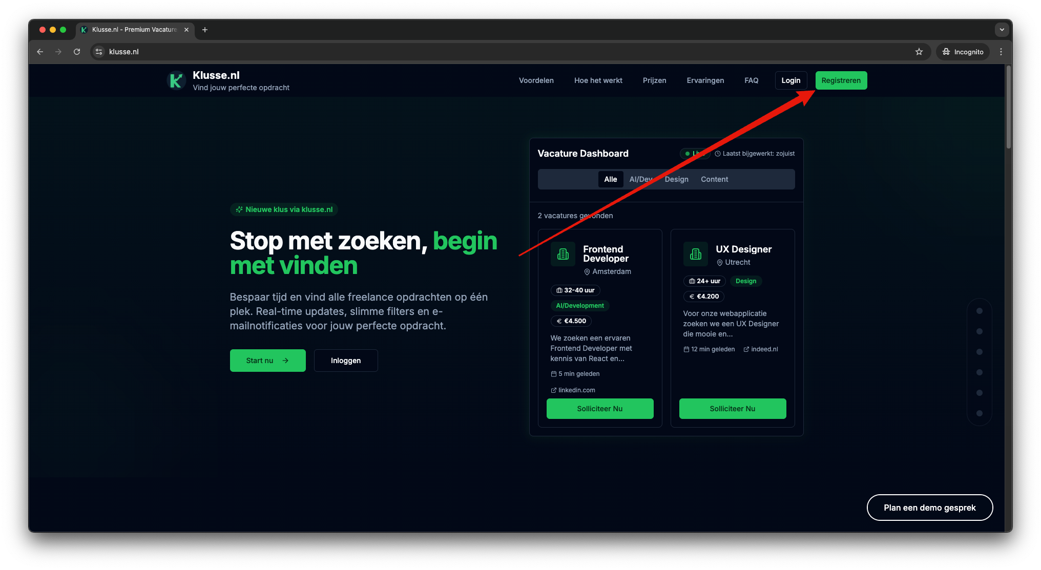 Klusse.nl homepage met registratie knop
